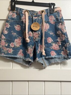 BiBi Blue Denim Floral Shorts with Pink Rope